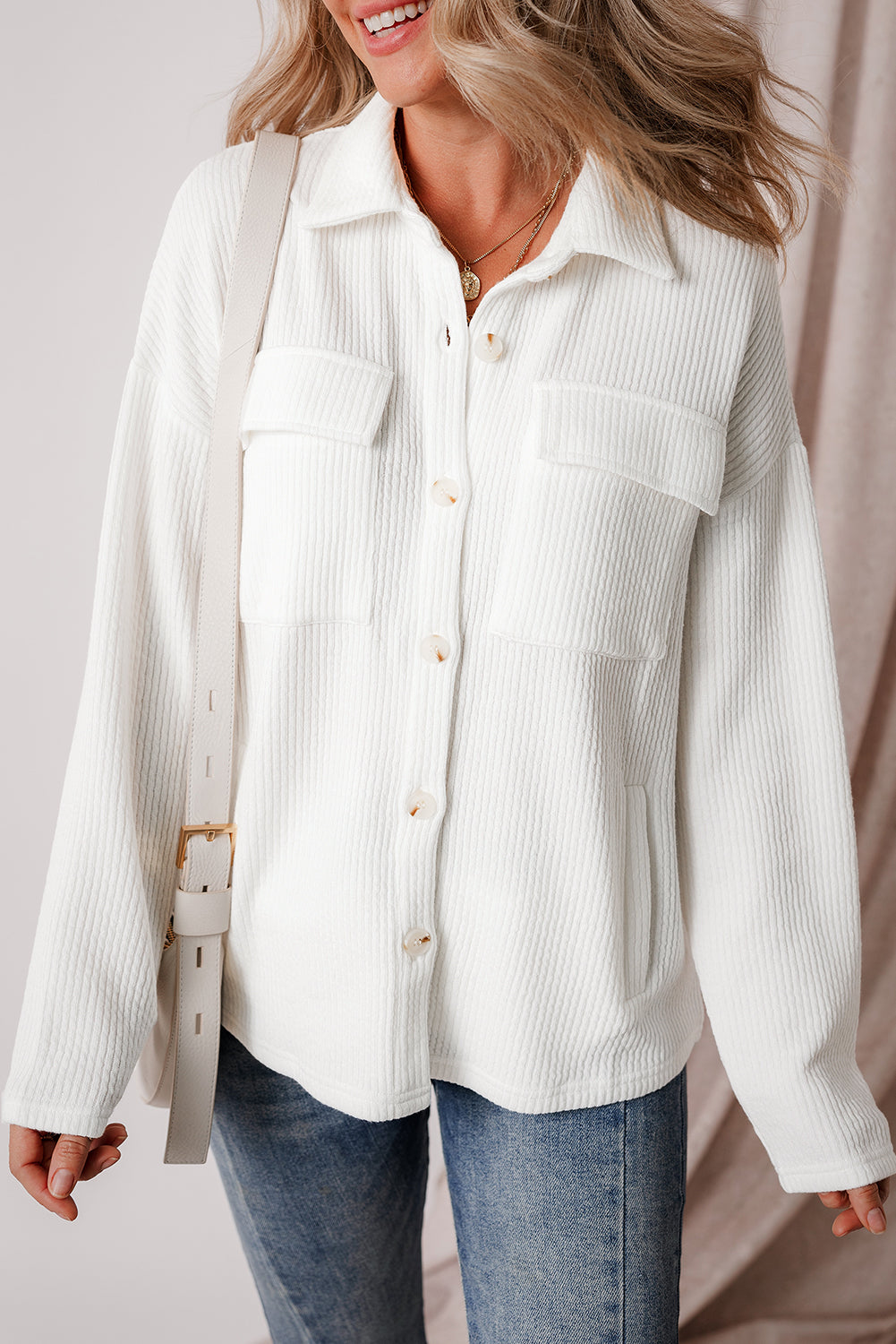 Solid Colour Corduroy Buttoned Long Sleeve Jacket | White