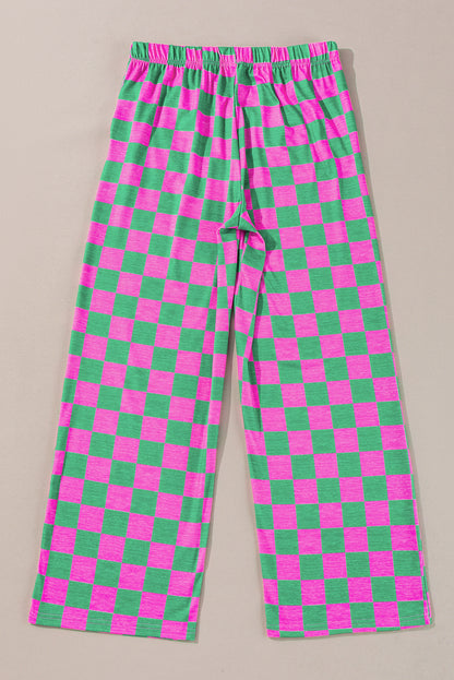 2-Tone Checked Print High Waist Wide Leg Pants | Green