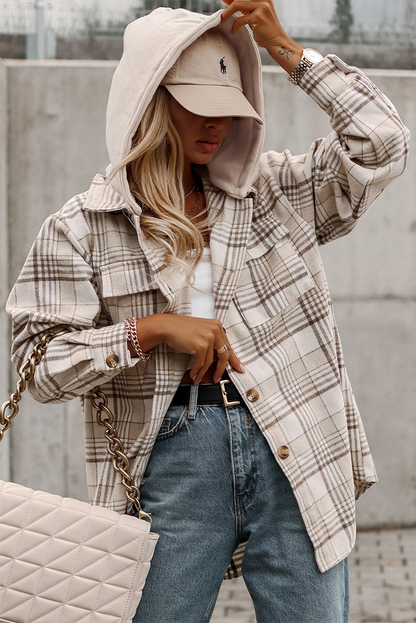 Plaid Removable Hood Buttoned Shacket | Khaki