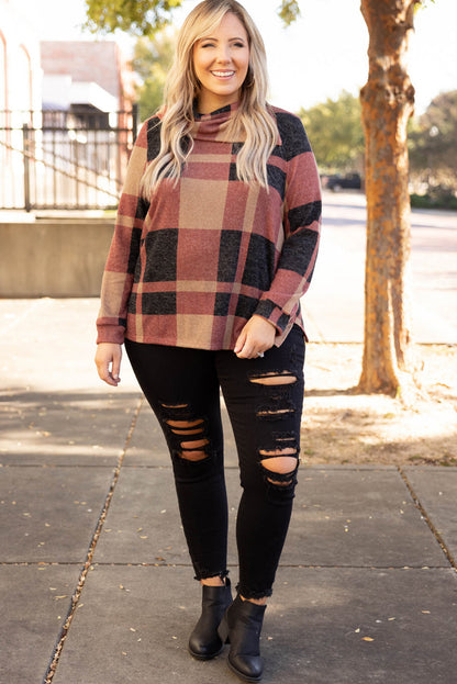 Plus Size Plaid Print Button Decor Asymmetric Neck Top | Mineral Red