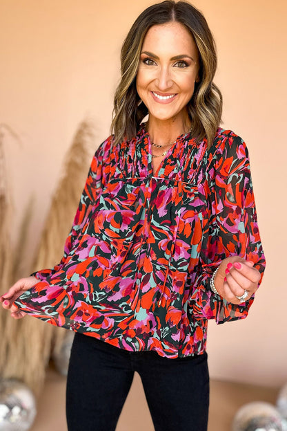 Abstract Floral Shirred Detail Puff Sleeve Blouse | Red Dahlia