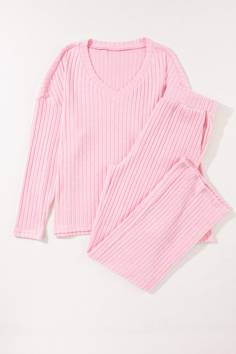 Ribbed Knit V Neck Slouchy Two-Piece Outfit | Light Pink