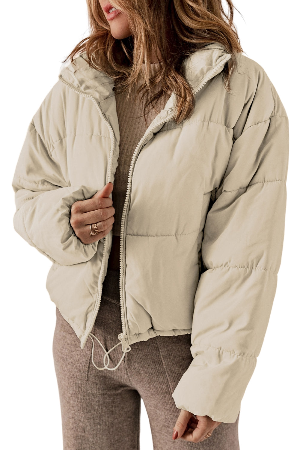 Zip Up Drawstring Hem Puffer Jackets | Apricot