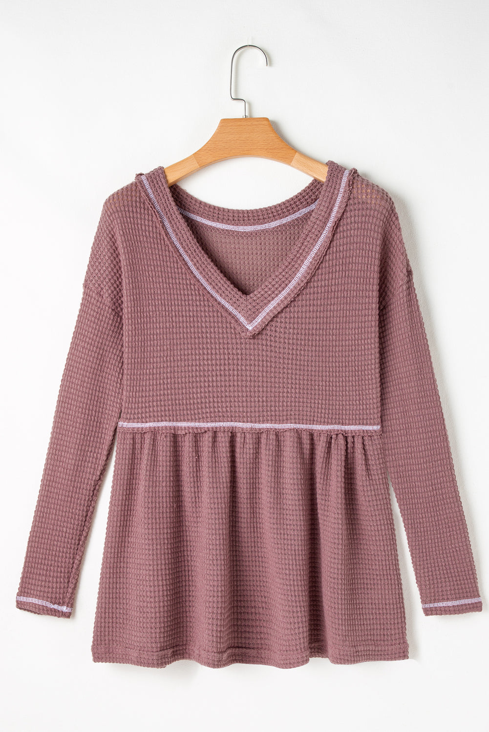 Waffle Knit V Neck Long Sleeve Babydoll Top | Pink