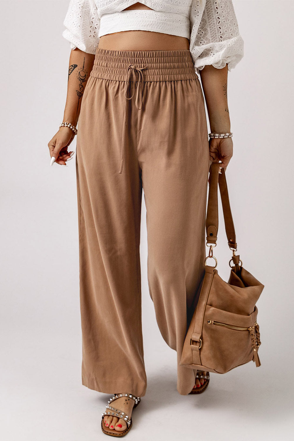 Brown Drawstring Elastic Waist Casual Wide Leg Pants