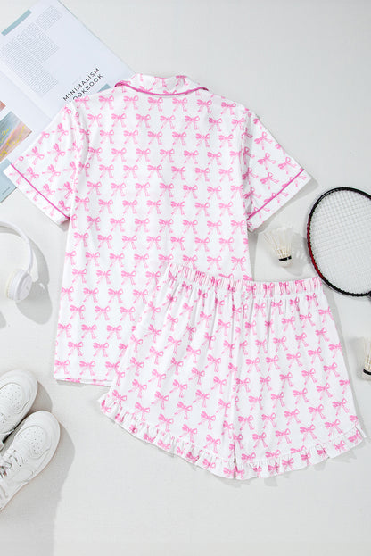 Bowknot Printed Short Sleeve And Ruffled Shorts Pajama Set | Pink