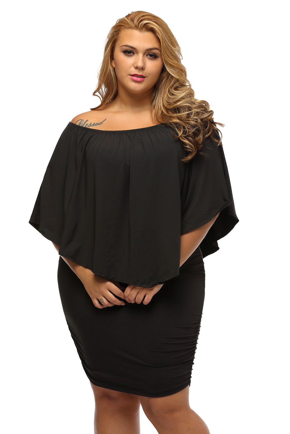 Plus Size Dressing Layered  Mini Poncho Dress | Black