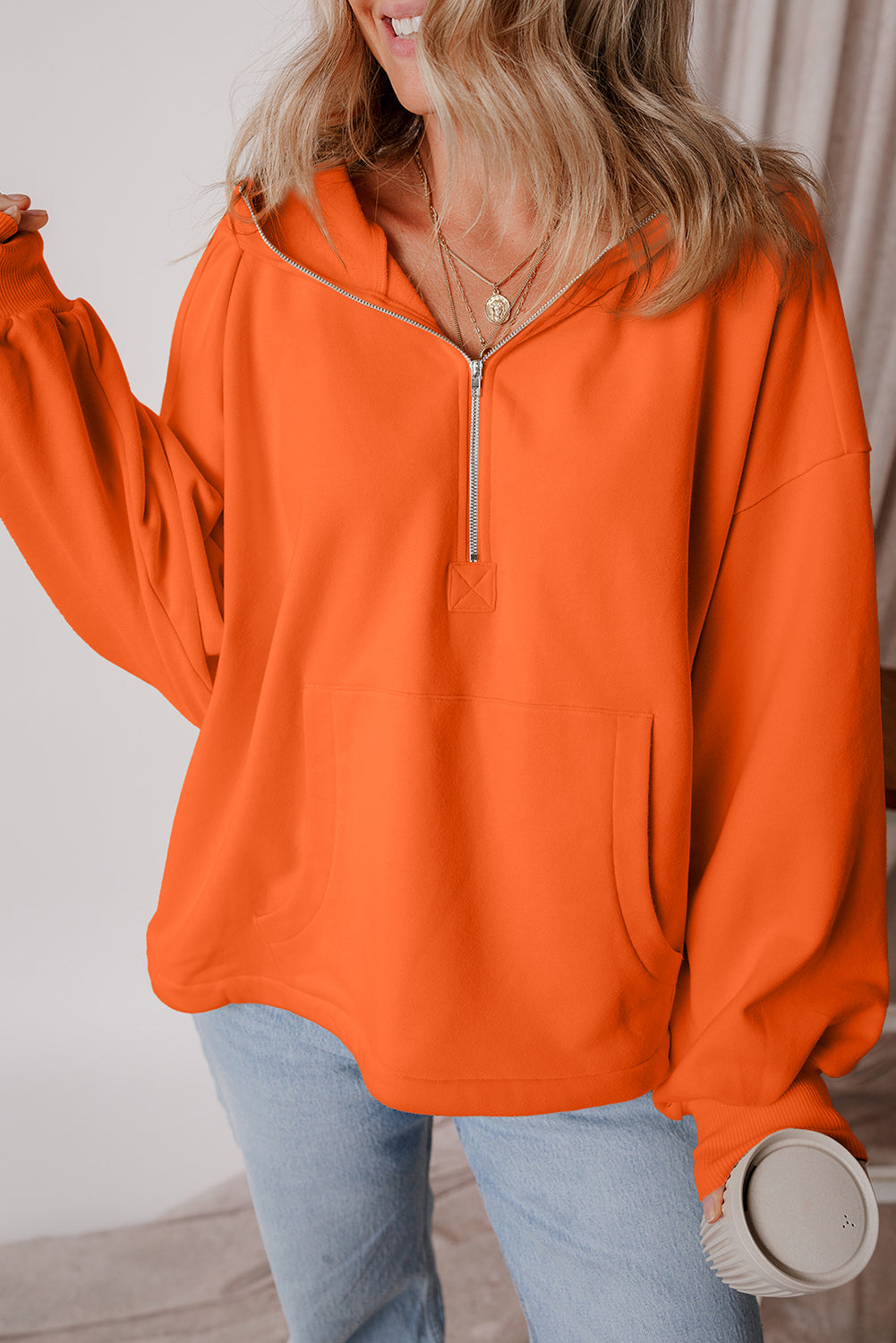 Fleece Lined Half Zipper Kangaroo Pockets Loose Hoodie | Orange