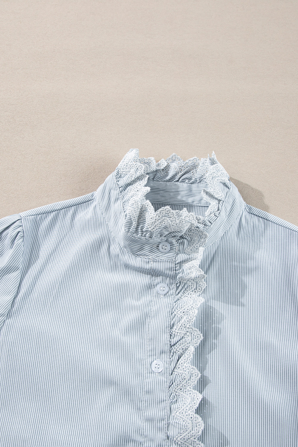 Frilled Trim Button Up Long Sleeve Shirt | Sky Blue Stripe