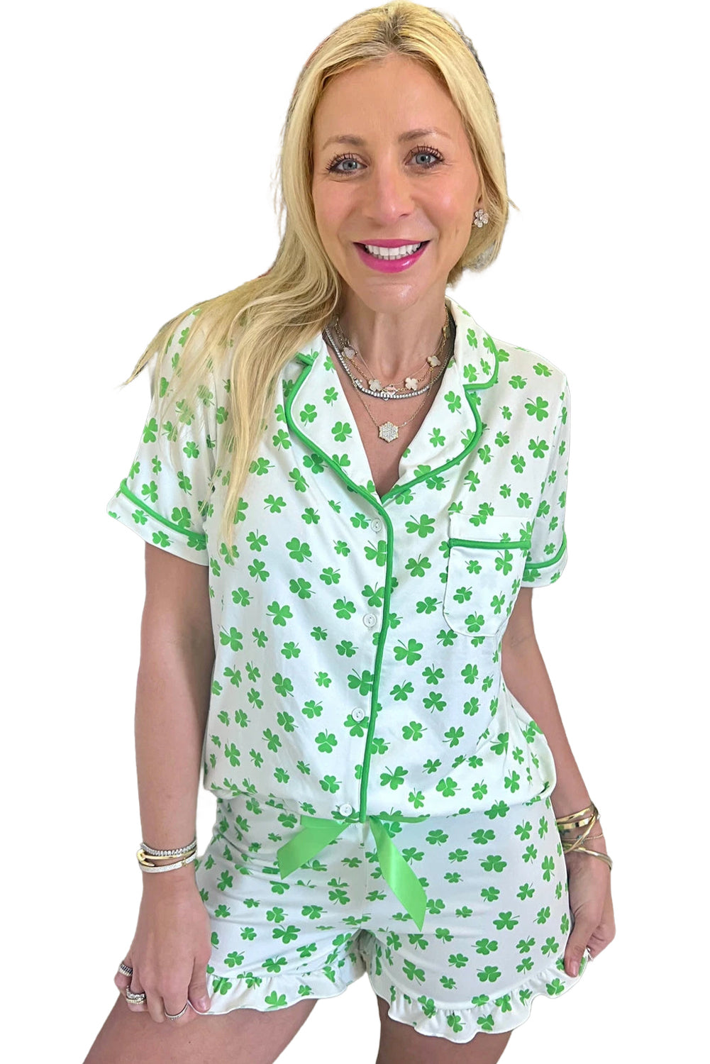 Clover Printed Short Sleeve And Ruffled Shorts Pajama Set | Green