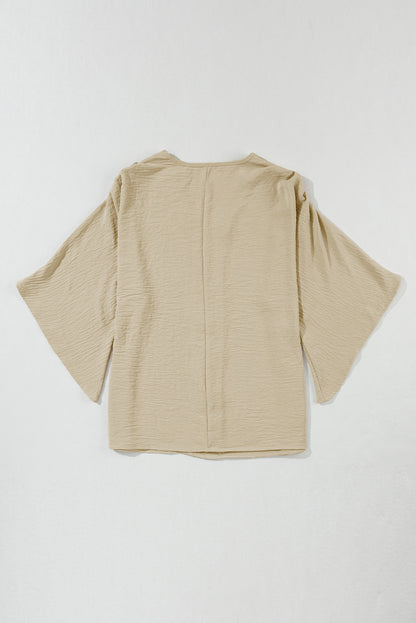 Solid V Neck Wide Sleeve Crinkled Blouse | Parchment