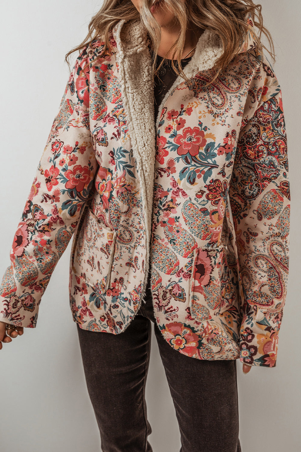 Vintage Paisley Floral Printed Sherpa Lined Hooded Jacket | Beige