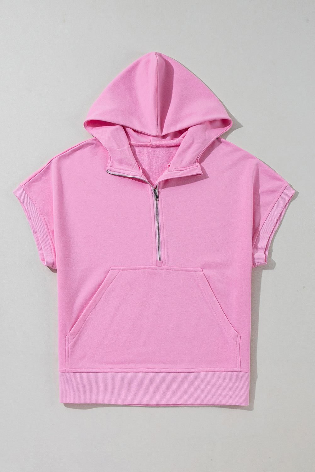 Half Zipper Kangaroo Pocket Short Sleeve Hoodie | Bonbon