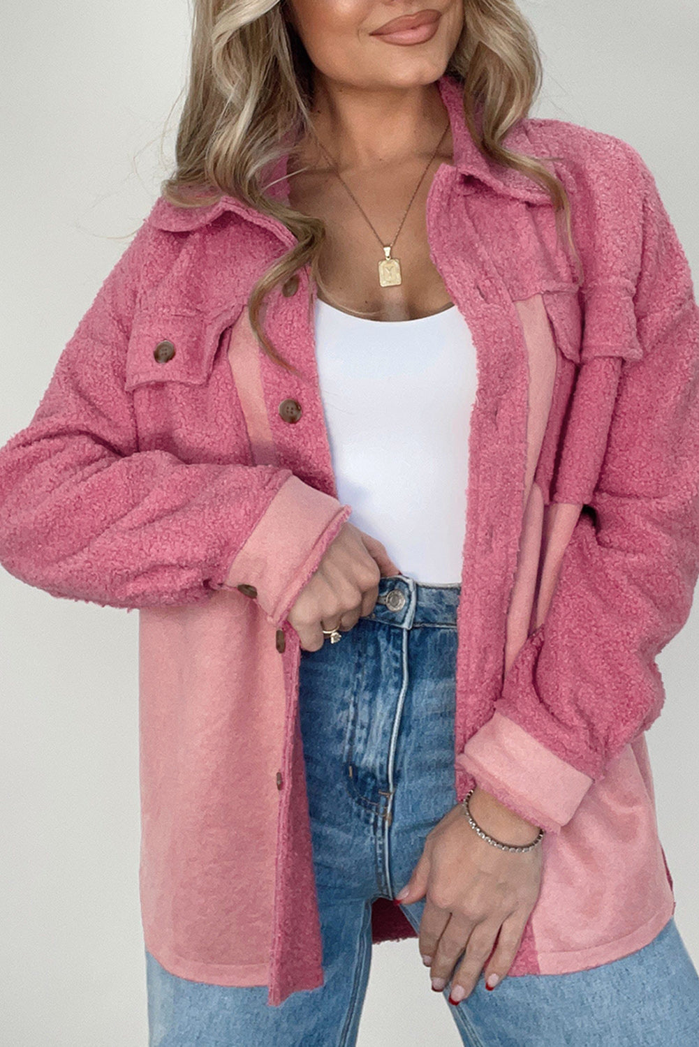 Colourblock Buttoned Flap Pocket Sherpa Shacket | Pink