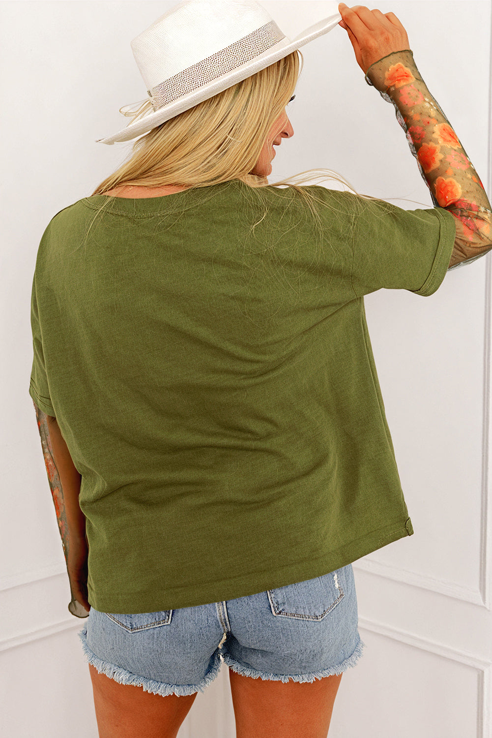 Faux Two Piece Floral Long Sleeve Patchwork Tee | Fern Green