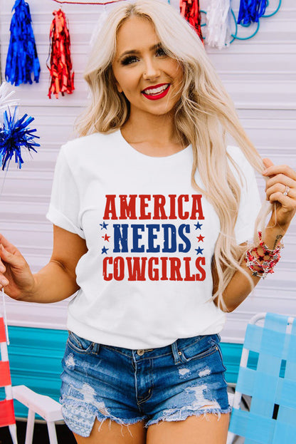 America Needs Cowgirls Crew Neck Graphic Tee | White