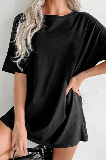 Solid Colour Round Neck Basic Tunic T Shirt | Black