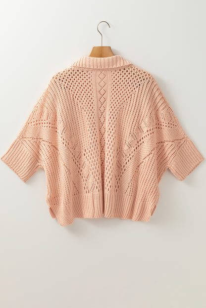 Hollowed Knit 3/4 Dolman Sleeve Buttoned Collared Sweater | Apricot Pink