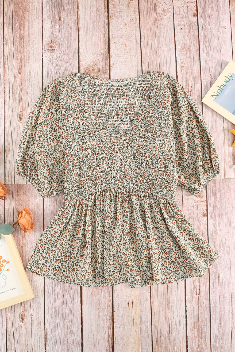 Floral Print Puff Sleeve Smocked Top | Green