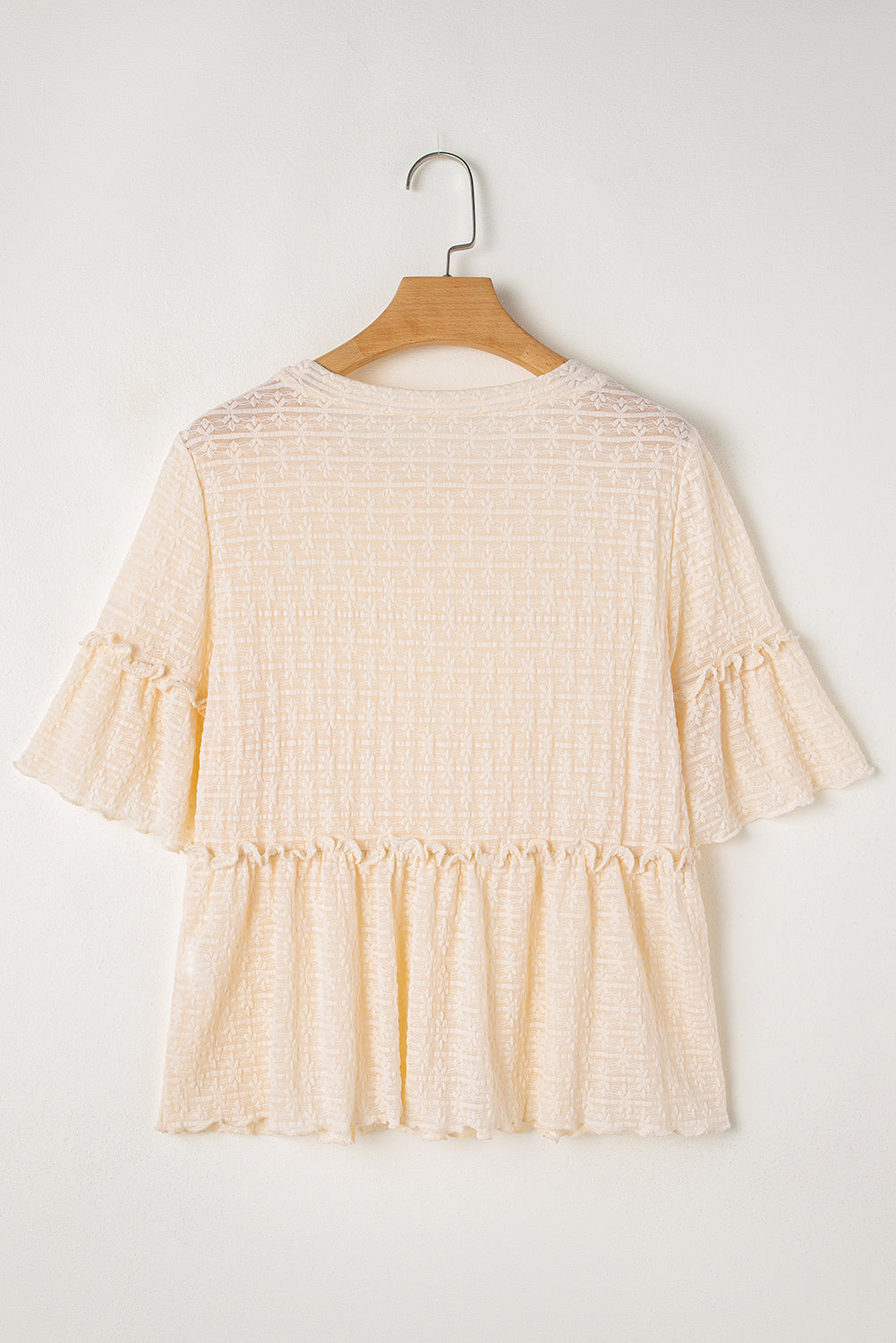 Solid Colour Textured Ruffled Short Sleeve Blouse | Beige