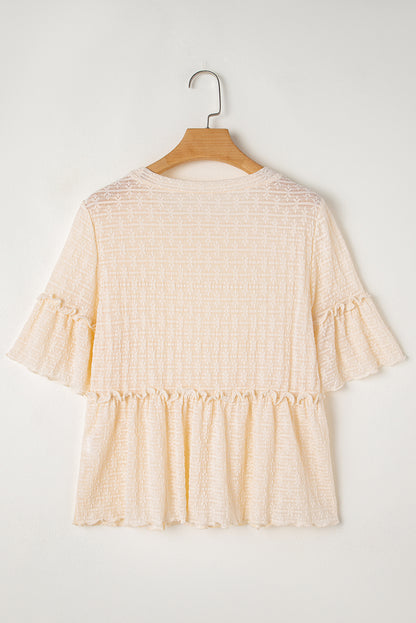 Solid Colour Textured Ruffled Short Sleeve Blouse | Beige