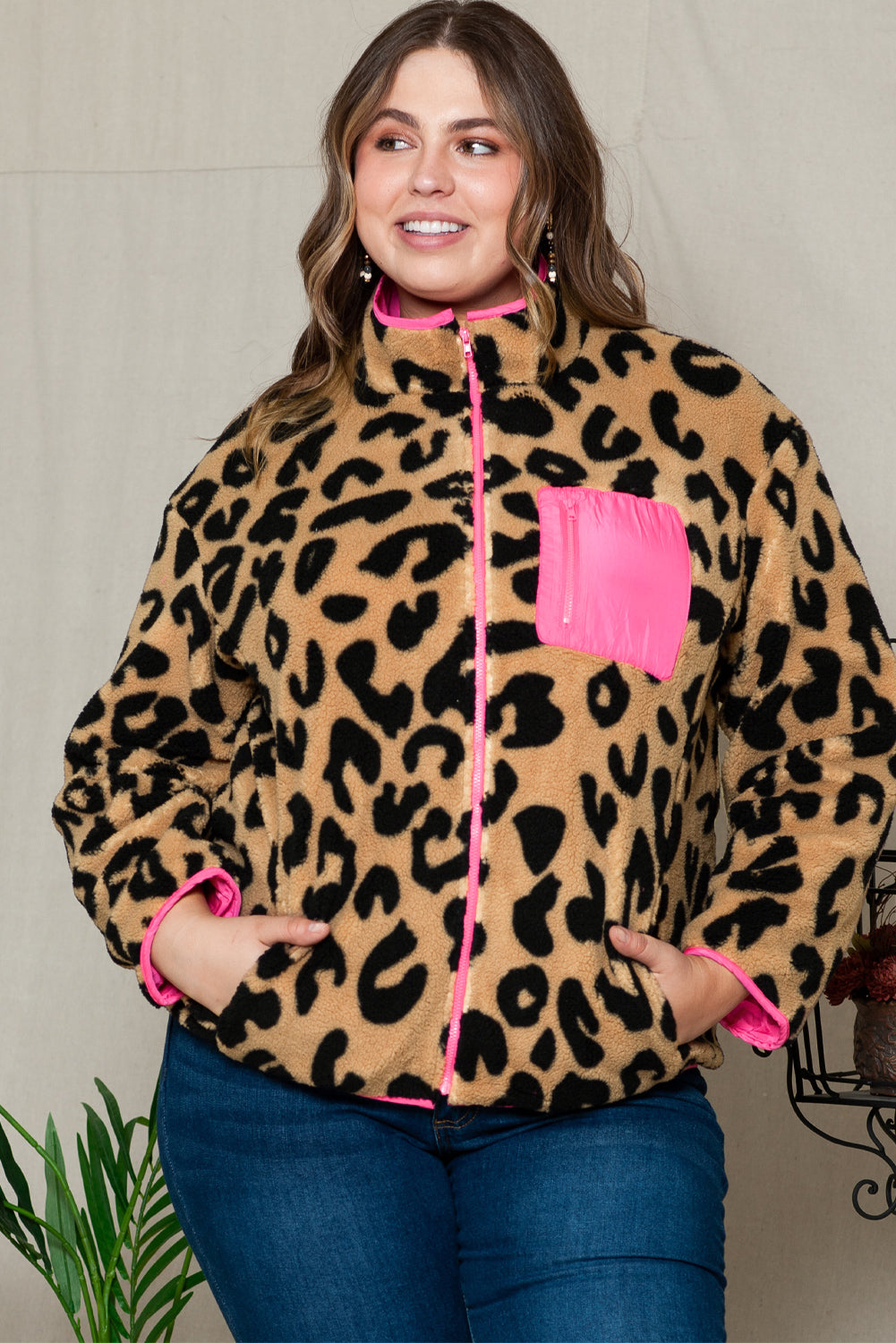 Plus Size Colour Block Chest Pocket Sherpa Jacket | Leopard