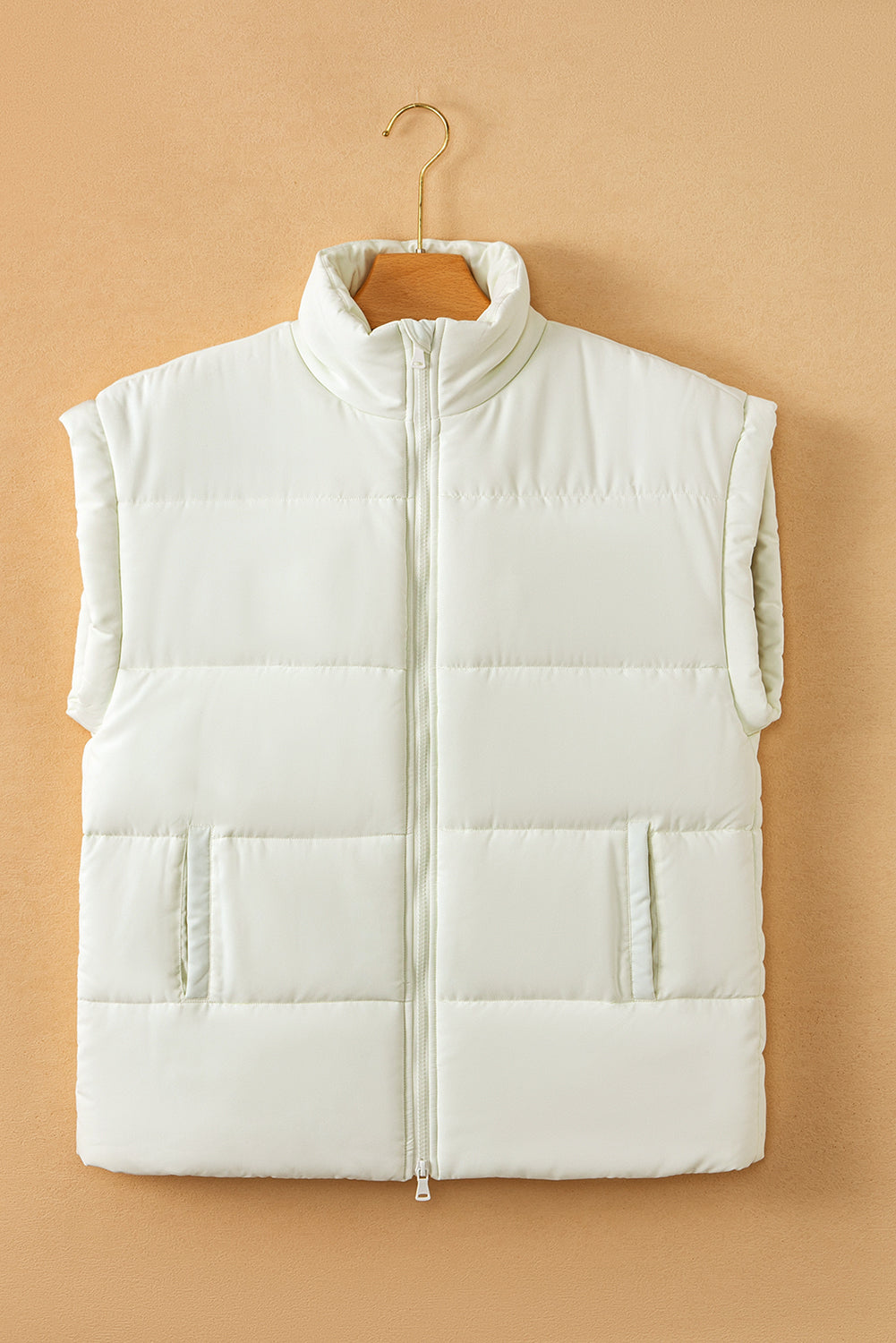 Zipper Stand Neck Oversized Puffer Vest | Beige