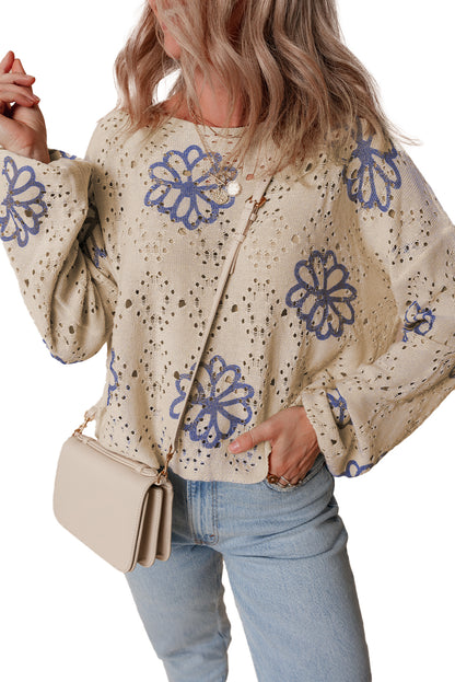 Contrast Flower Print Eyelet Drop Shoulder Sweater | Beige