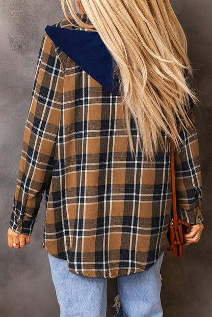 Bluing Contrast Hooded Drawstring Plaid Shacket | Mazarine