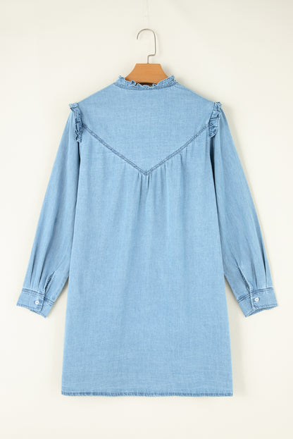 Ruffled V Neck Buttoned Shift Denim Dress | Myosotis