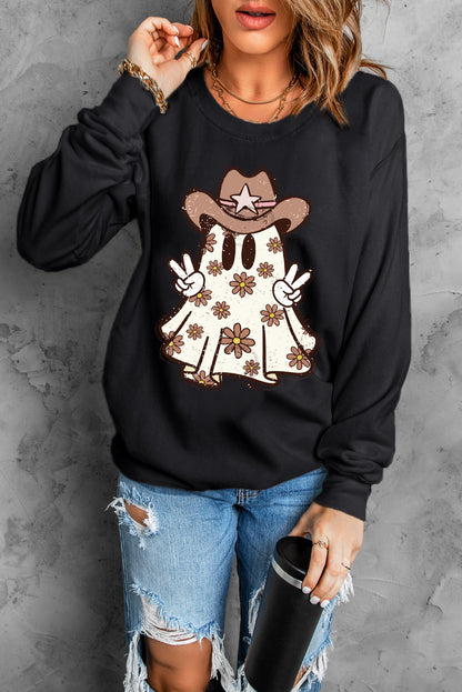 Halloween Floral Ghost Print Pullover Graphic Sweatshirt | Black