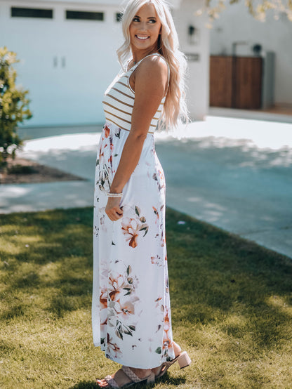 Striped Floral Print Sleeveless Maxi Dress With Pocket | White