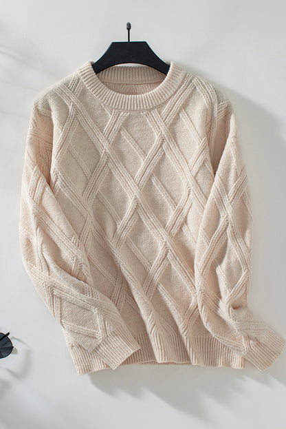 Diamond Pattern Textured Crew Neck Sweater | Apricot