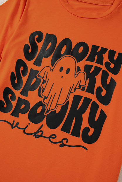 Spooky Vibe Ghost Print Crewneck Halloween T Shirt | Orange