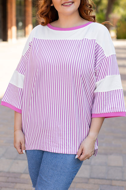 Patchwork Bracelet Sleeve Plus Size T Shirt | Pink Stripe