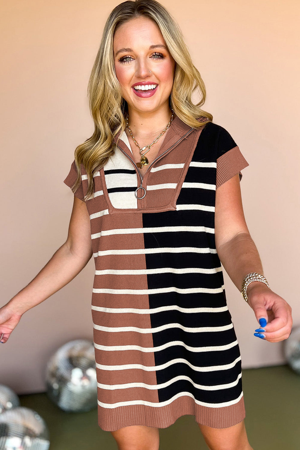 Colour Block Quarter Zip Collar Short Sleeve Sweater Dress | Black Stripe