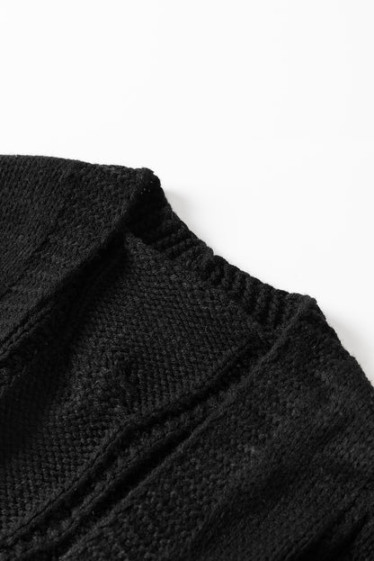 Ribbed Trim Eyelet Cable Knit Cardigan | Black