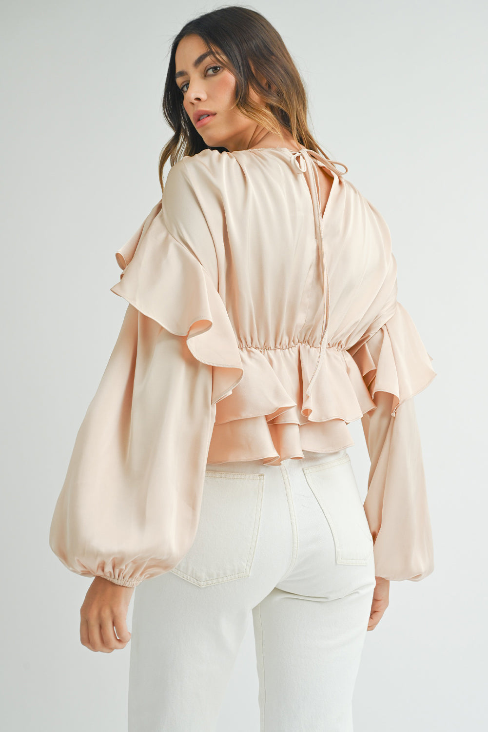 Lace-Up Keyhole Back Ruffled Peplum Blouse | Oatmeal