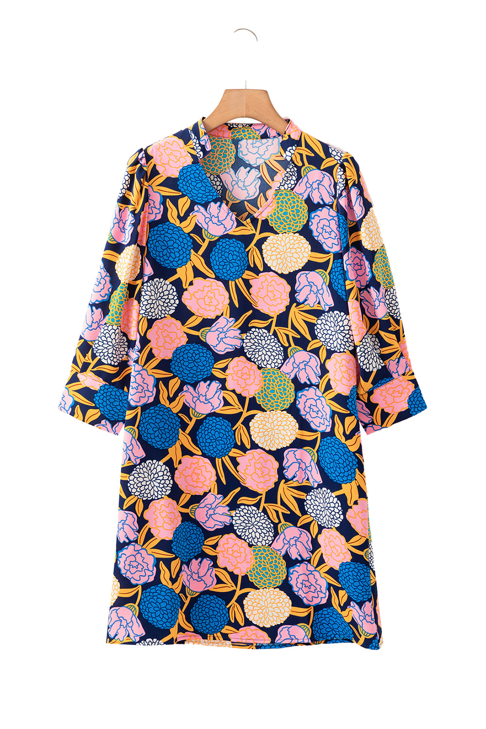 Hydrangea Floral Print Bishop Sleeve V Neck Shift Dress | Navy Blue