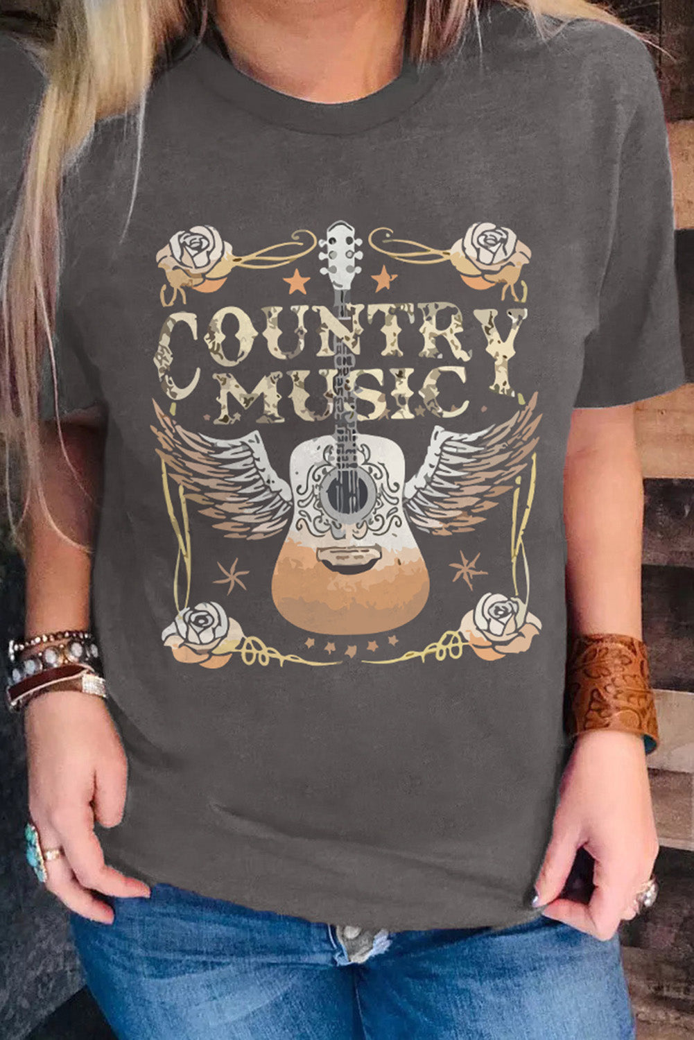 Country Music Guitar Graphic Print Crew Neck T Shirt | Gray