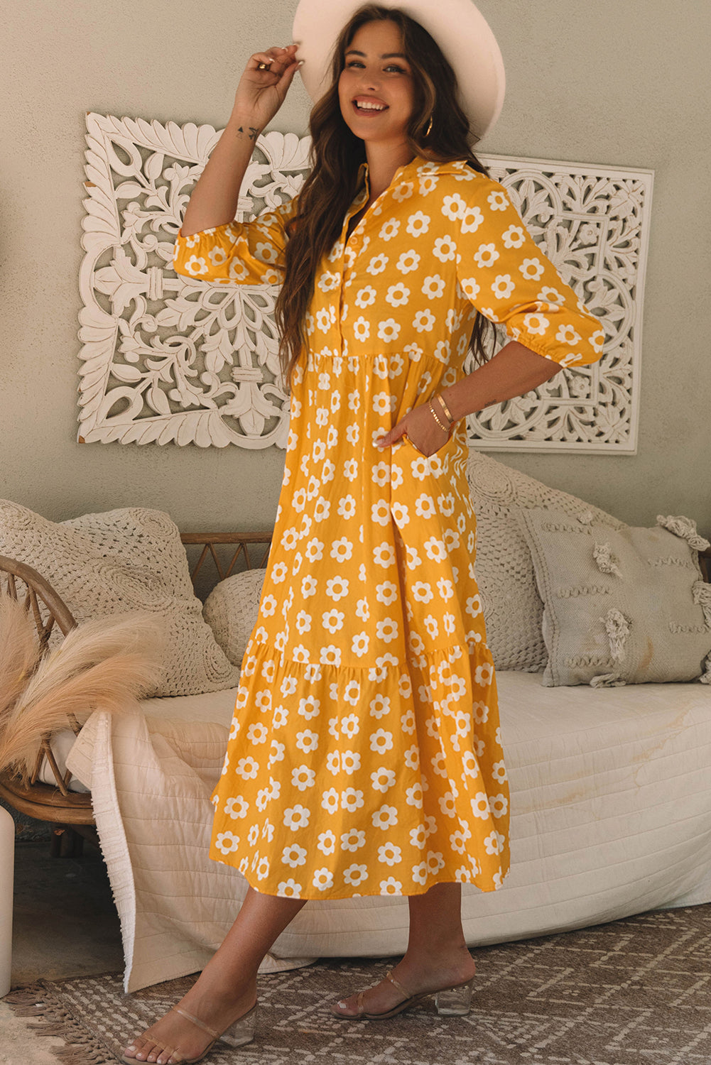 Flower Print Bracelet Sleeve Buttons Collared Maxi Dress | Yellow