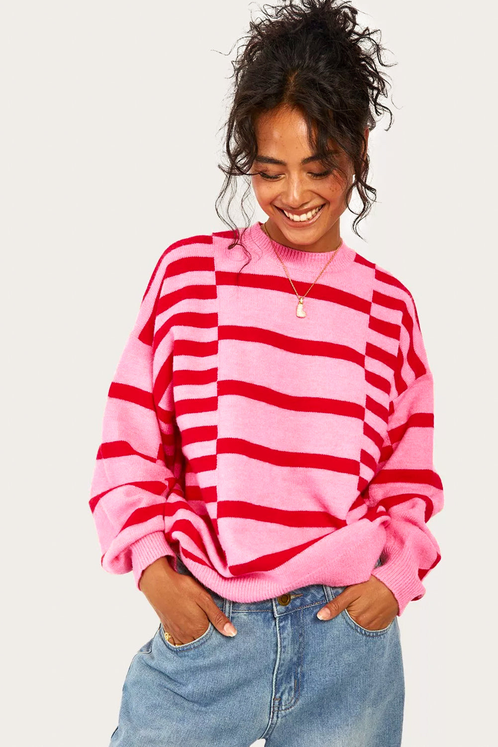 Bubble Sleeve Drop Shoulder Ribbed Trim Sweater | Pink Stripe