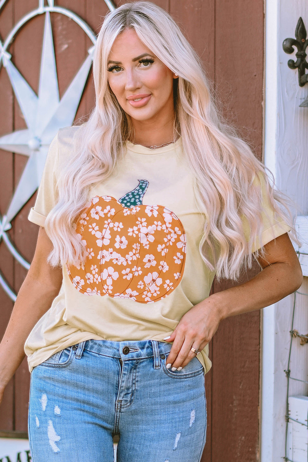 Sweet Floral Pumpkin Graphic Tee | Khaki