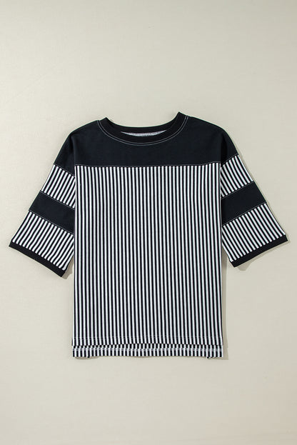 Black White Striped Patchwork 3/4 Sleeve Oversize Top | Black white