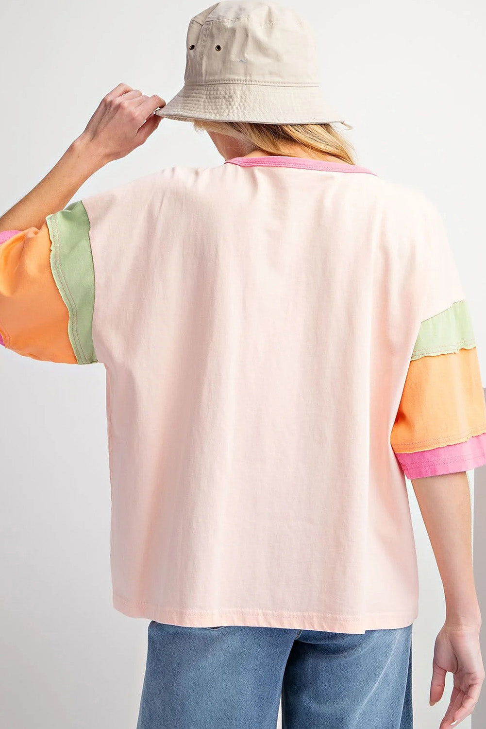 Vacay Printed Colour Block Half Sleeve Graphic T Shirt | Pink