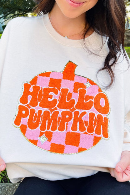 Terry Halloween Pumpkin Patched Pattern Pullover Sweatshirt | White