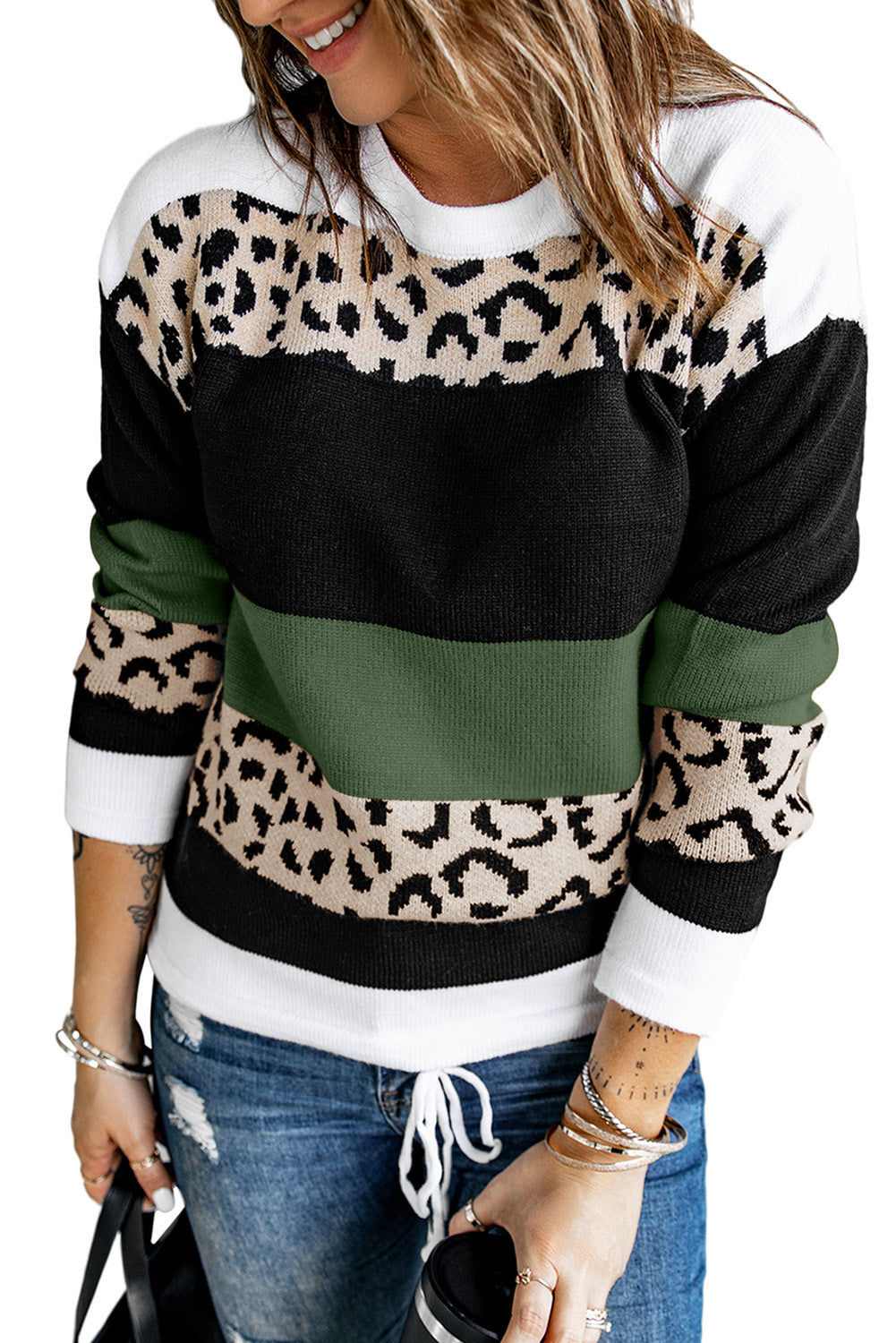 Crewneck Leopard Colour Block Knit Pullover Sweater | Green