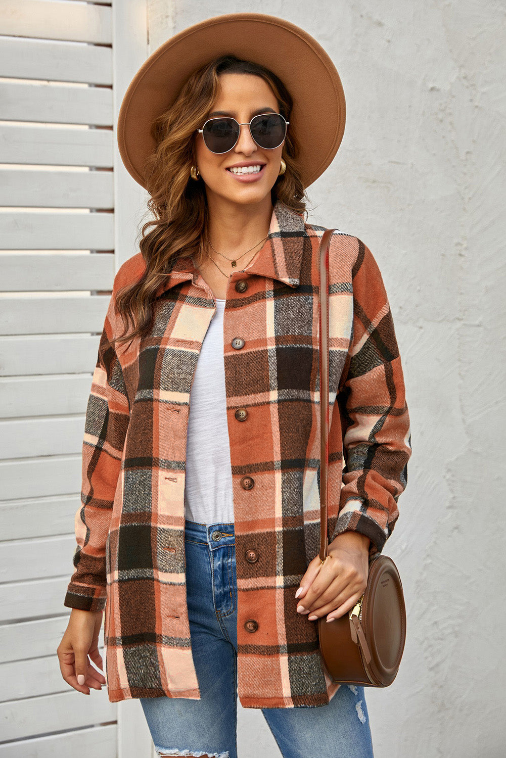 Plaid Print Buttoned Shirt Jacket | Orange