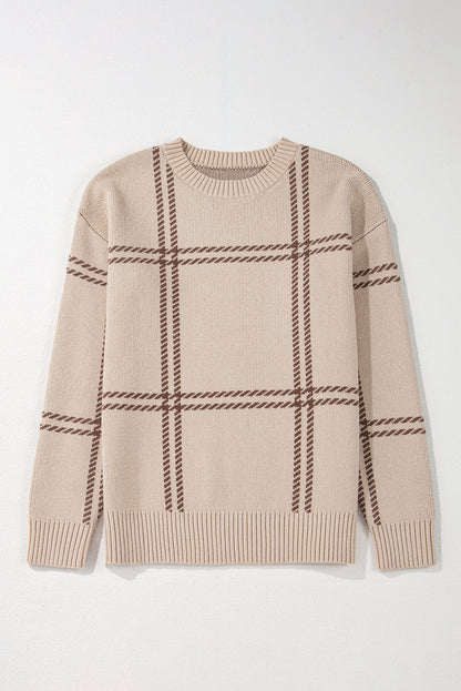 Plaid Pattern Knitted Drop Shoulder Sweater | Khaki