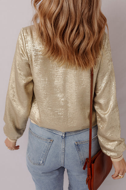 Metallic Zip Up Baseball Jacket | Pale Khaki